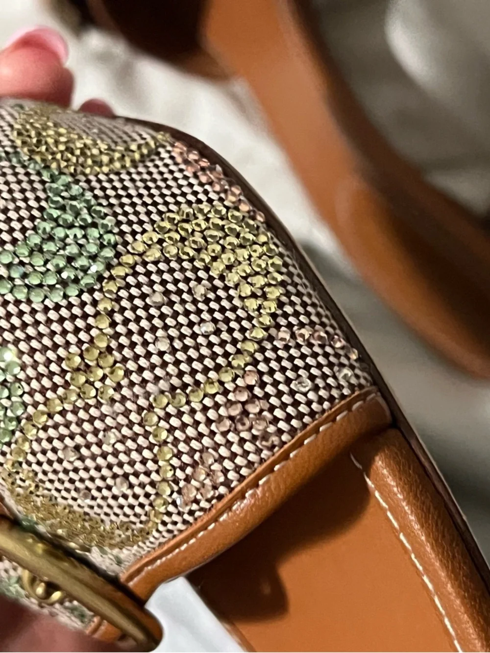 Coach Tan Leather Slide Sandals with Multicolor Woven Strap - Picture 11 of 12
